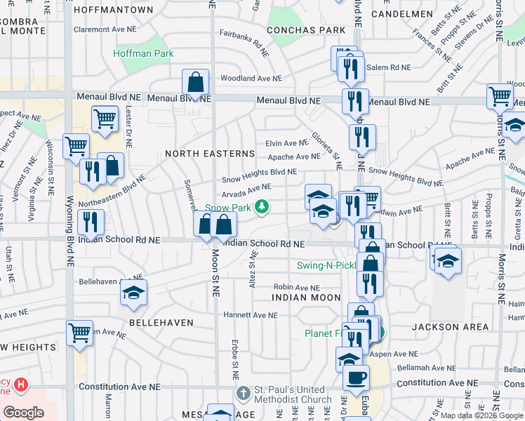 map of restaurants, bars, coffee shops, grocery stores, and more near 9501 Morrow Avenue Northeast in Albuquerque