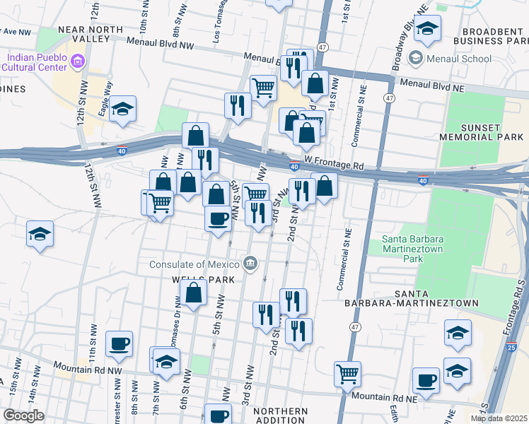 map of restaurants, bars, coffee shops, grocery stores, and more near in Albuquerque