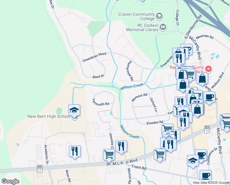 map of restaurants, bars, coffee shops, grocery stores, and more near 4010 Yarmouth Road in New Bern