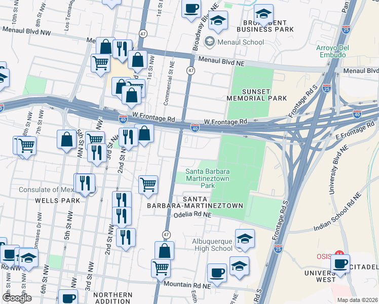 map of restaurants, bars, coffee shops, grocery stores, and more near 1864 Broadway Place Northeast in Albuquerque