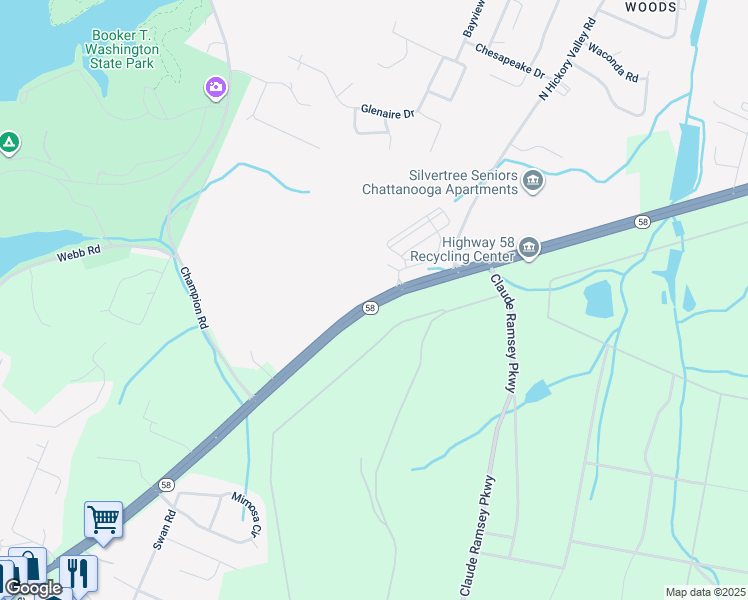 map of restaurants, bars, coffee shops, grocery stores, and more near 5305 Tennessee 58 in Chattanooga