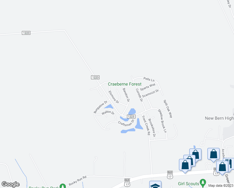 map of restaurants, bars, coffee shops, grocery stores, and more near 105 Westwood Court in New Bern