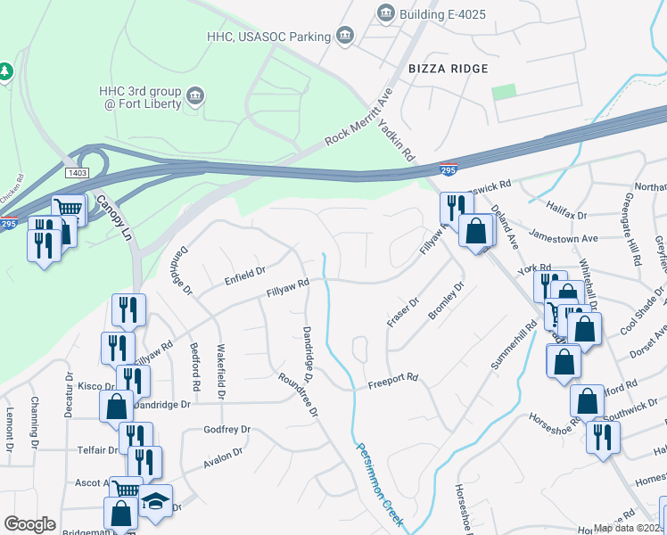map of restaurants, bars, coffee shops, grocery stores, and more near 807A Danish Drive in Fayetteville