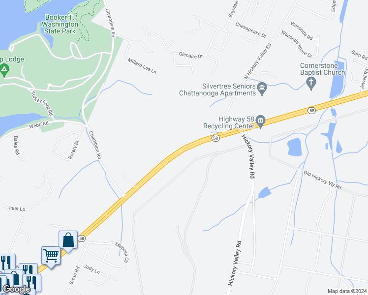 map of restaurants, bars, coffee shops, grocery stores, and more near 5309 Tennessee 58 in Chattanooga