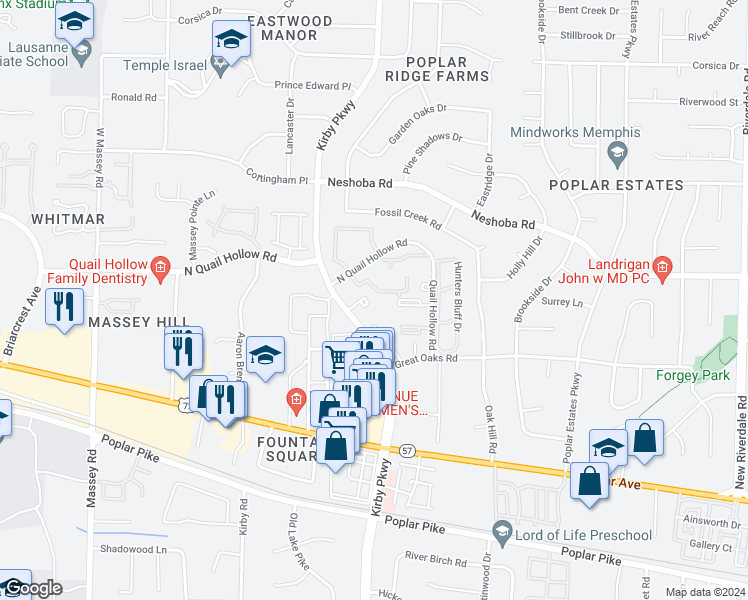 map of restaurants, bars, coffee shops, grocery stores, and more near 6699 Whispering Oak Place in Memphis