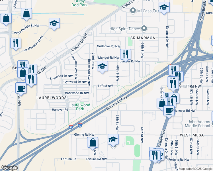 map of restaurants, bars, coffee shops, grocery stores, and more near 6401 Iliff Road Northwest in Albuquerque