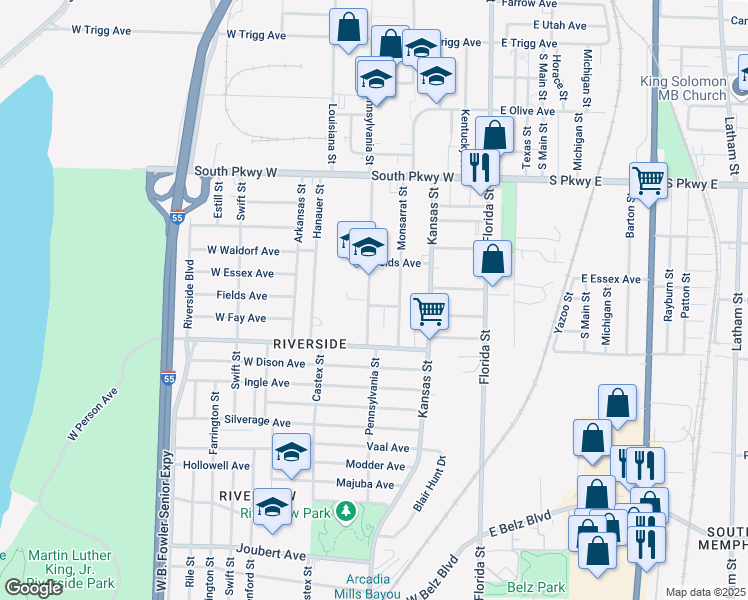 map of restaurants, bars, coffee shops, grocery stores, and more near 1618 Pennsylvania Street in Memphis