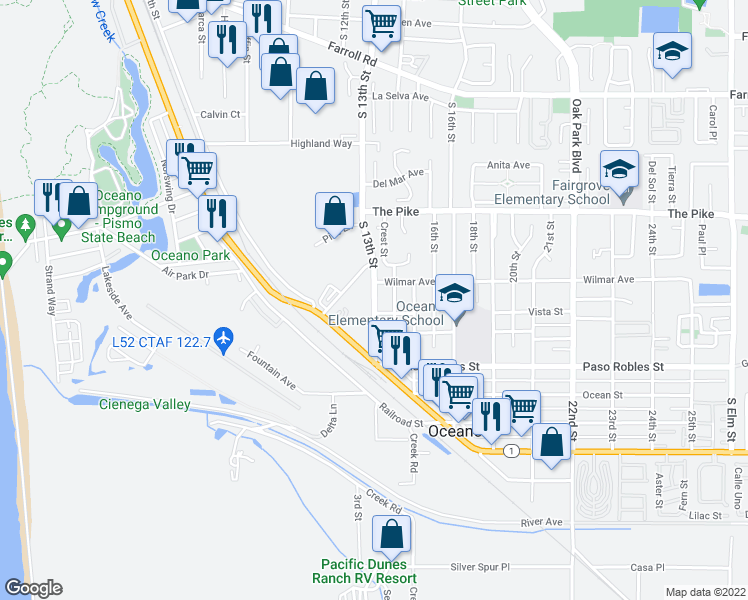 map of restaurants, bars, coffee shops, grocery stores, and more near 1470 13th Street in Oceano