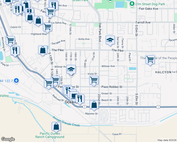 map of restaurants, bars, coffee shops, grocery stores, and more near 2100 Vista Street in Oceano