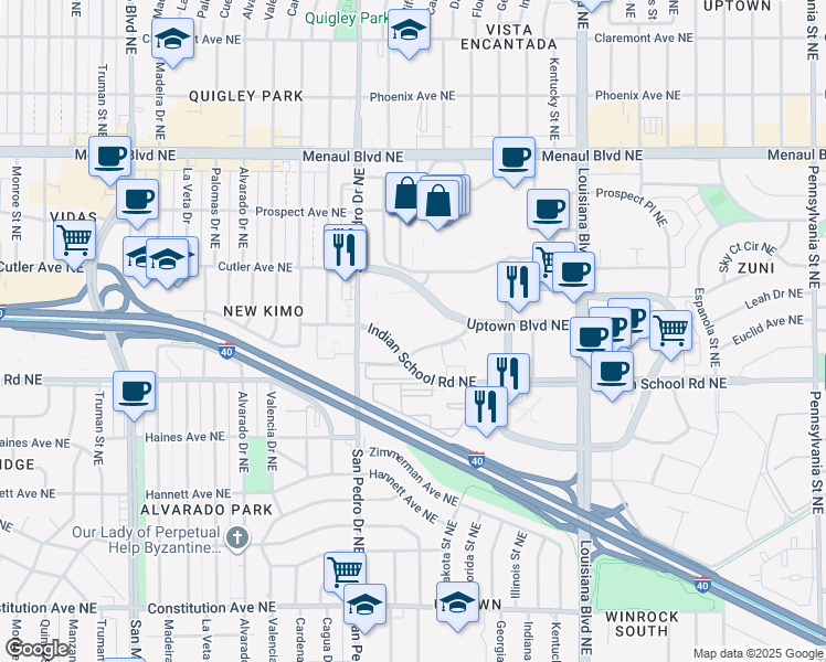 map of restaurants, bars, coffee shops, grocery stores, and more near 6301 Indian School Road Northeast in Albuquerque