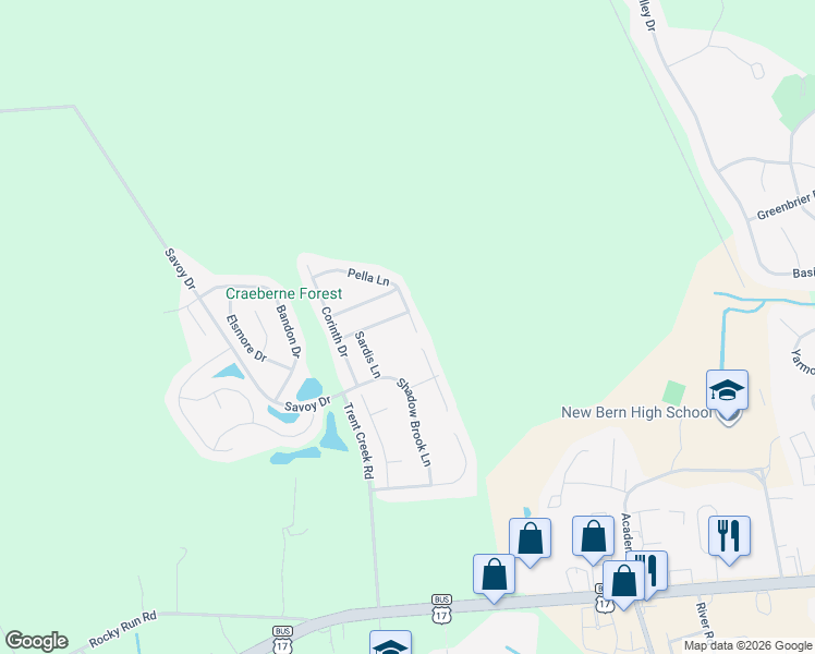 map of restaurants, bars, coffee shops, grocery stores, and more near 124 Pella Lane in New Bern