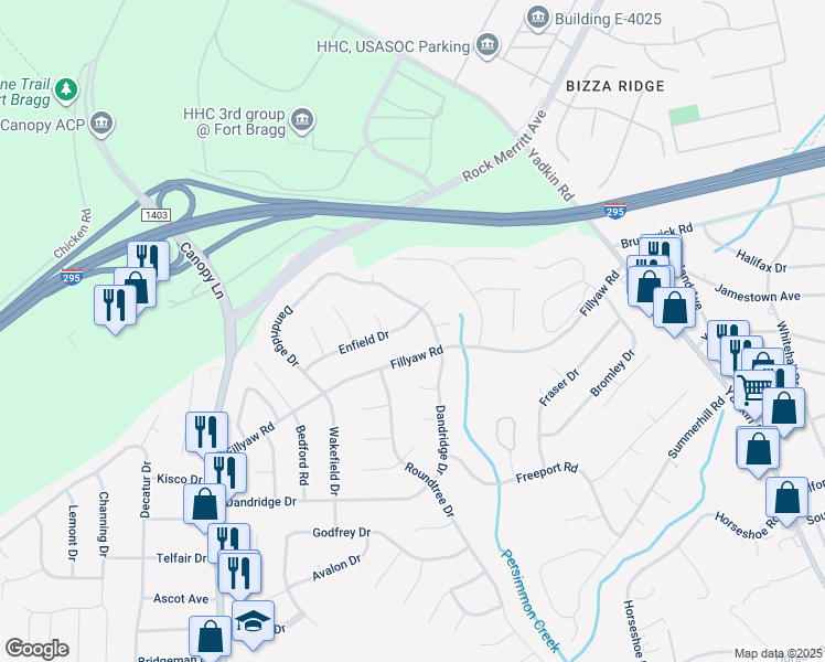map of restaurants, bars, coffee shops, grocery stores, and more near 7107 Enfield Drive in Fayetteville