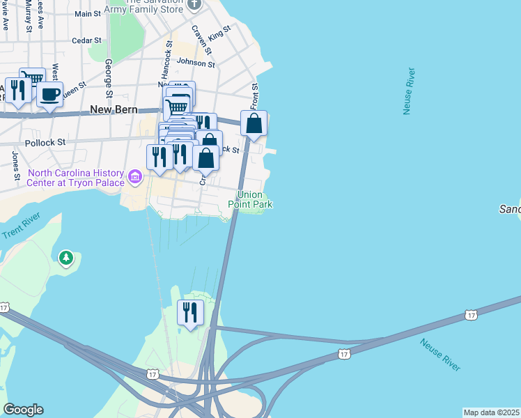 map of restaurants, bars, coffee shops, grocery stores, and more near 210 East Front Street in New Bern