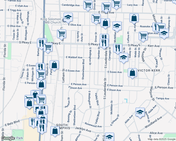 map of restaurants, bars, coffee shops, grocery stores, and more near 1614 South Wellington Street in Memphis