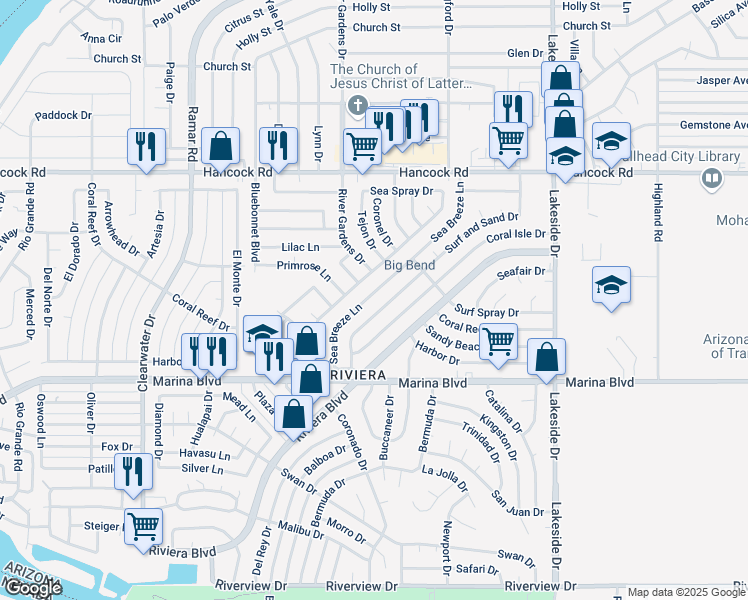 map of restaurants, bars, coffee shops, grocery stores, and more near 1916 Sea Breeze Lane in Bullhead City