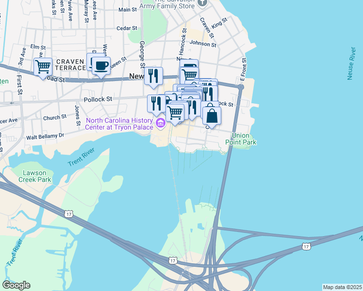 map of restaurants, bars, coffee shops, grocery stores, and more near 220 Sky Sail Boulevard in New Bern