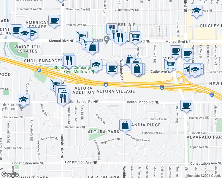 map of restaurants, bars, coffee shops, grocery stores, and more near 4251 Altura Vista Lane Northeast in Albuquerque