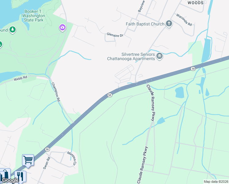 map of restaurants, bars, coffee shops, grocery stores, and more near 5311 Tennessee 58 in Chattanooga