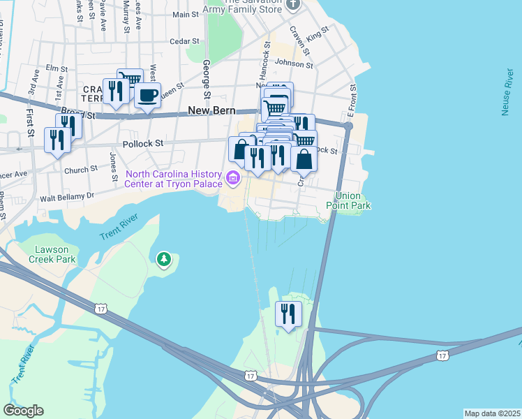 map of restaurants, bars, coffee shops, grocery stores, and more near 125 Sky Sail Boulevard in New Bern