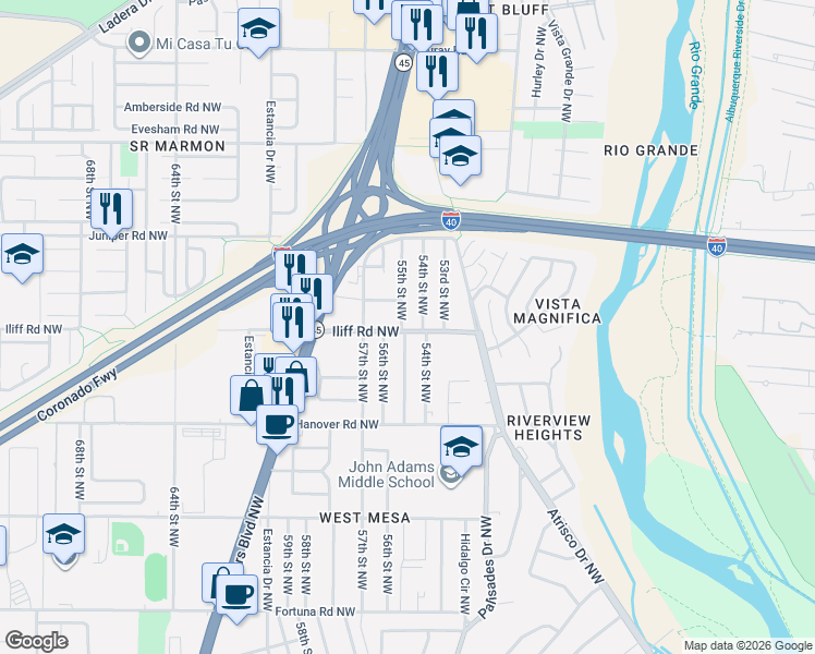 map of restaurants, bars, coffee shops, grocery stores, and more near 1529 55th Street Northwest in Albuquerque