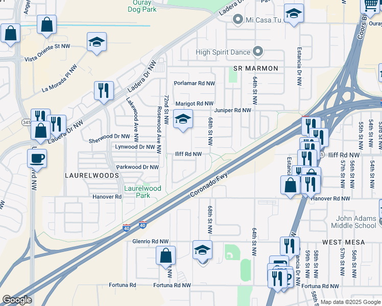 map of restaurants, bars, coffee shops, grocery stores, and more near 1516 Desert Bloom Street Northwest in Albuquerque