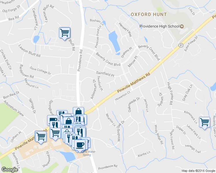 map of restaurants, bars, coffee shops, grocery stores, and more near 7633 Swinford Place in Charlotte