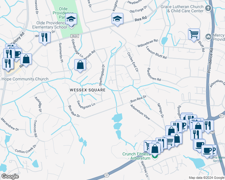 map of restaurants, bars, coffee shops, grocery stores, and more near 3606 Sweetgrass Lane in Charlotte