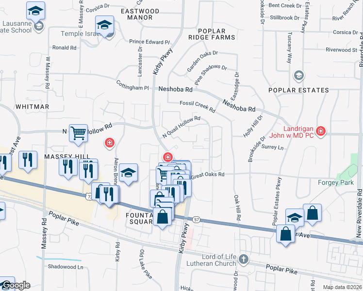map of restaurants, bars, coffee shops, grocery stores, and more near 6720 Majestic Oak Place in Memphis