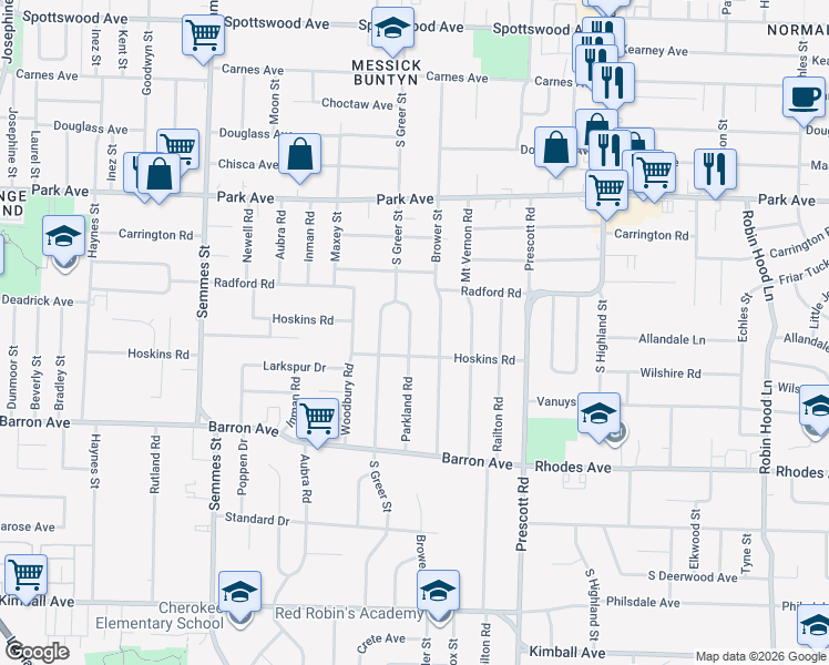 map of restaurants, bars, coffee shops, grocery stores, and more near 1048 Parkland Road in Memphis