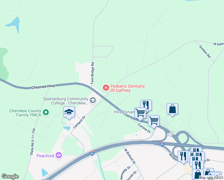 map of restaurants, bars, coffee shops, grocery stores, and more near 136 North Gate Road in Gaffney