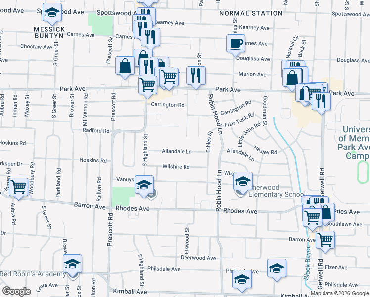 map of restaurants, bars, coffee shops, grocery stores, and more near 3610 Allandale Lane in Memphis