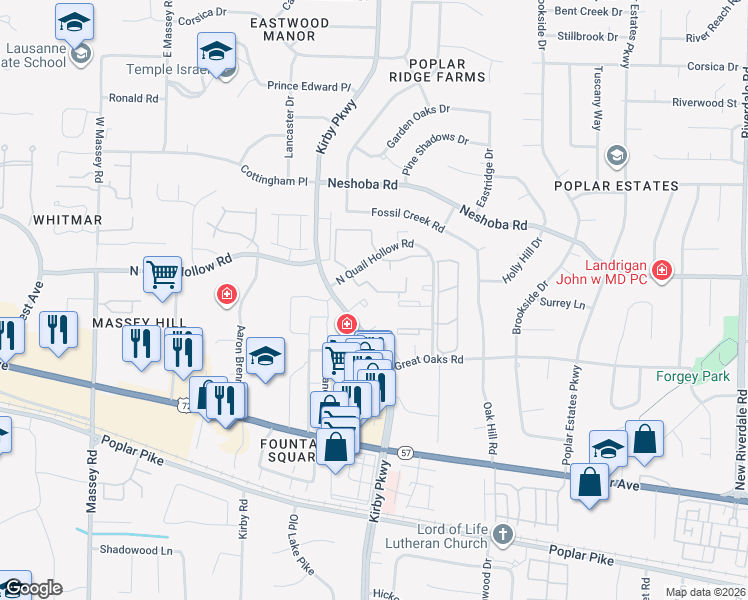 map of restaurants, bars, coffee shops, grocery stores, and more near 6720 Majestic Oak Place in Memphis