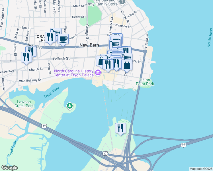 map of restaurants, bars, coffee shops, grocery stores, and more near 225 Sky Sail Boulevard in New Bern