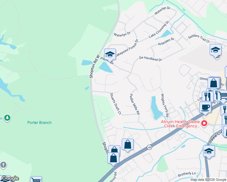 map of restaurants, bars, coffee shops, grocery stores, and more near 13825 Millers Creek Lane in Charlotte