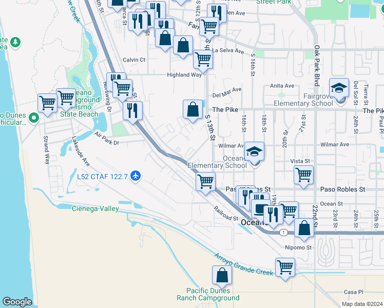 map of restaurants, bars, coffee shops, grocery stores, and more near 1093 Belridge Street in Oceano