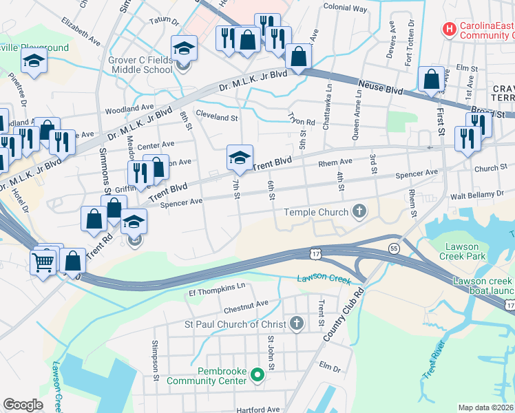 map of restaurants, bars, coffee shops, grocery stores, and more near 1815 Park Avenue in New Bern