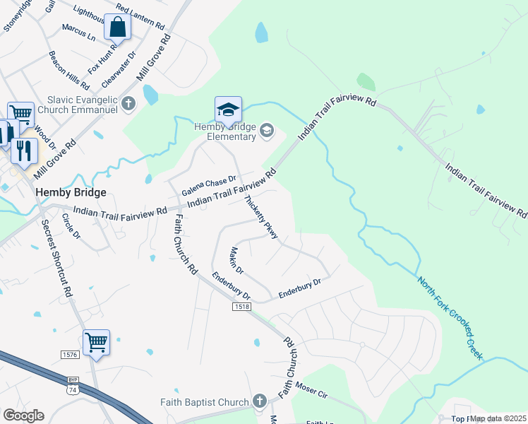 map of restaurants, bars, coffee shops, grocery stores, and more near 2003 Thicketty Parkway in Indian Trail