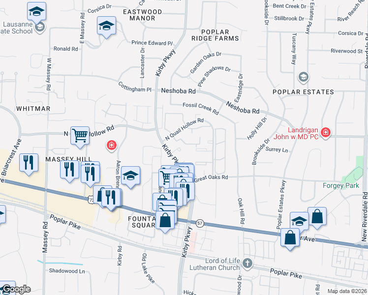 map of restaurants, bars, coffee shops, grocery stores, and more near 6720 Majestic Oak Place in Memphis