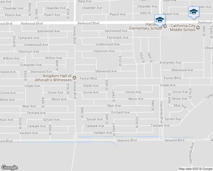 map of restaurants, bars, coffee shops, grocery stores, and more near 8998 Glade Avenue in California City
