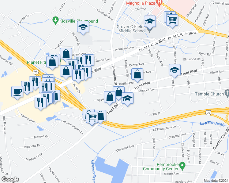 map of restaurants, bars, coffee shops, grocery stores, and more near 2302 Spencer Avenue in New Bern
