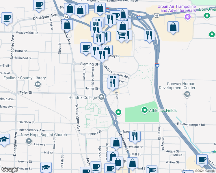map of restaurants, bars, coffee shops, grocery stores, and more near 1855 McKennon Street in Conway