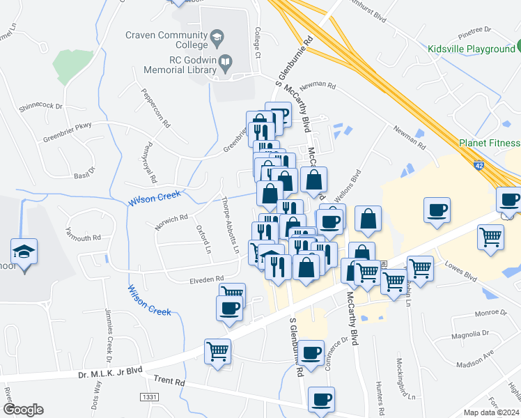 map of restaurants, bars, coffee shops, grocery stores, and more near 1540 College Way in New Bern
