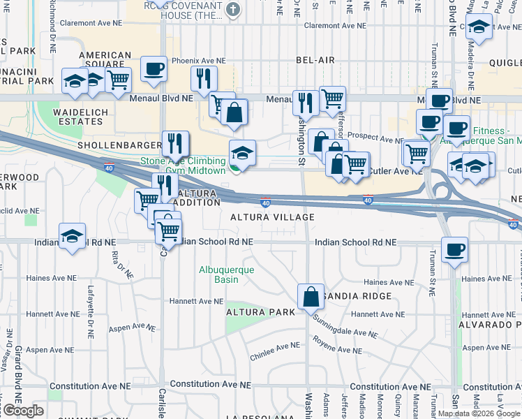 map of restaurants, bars, coffee shops, grocery stores, and more near in Albuquerque