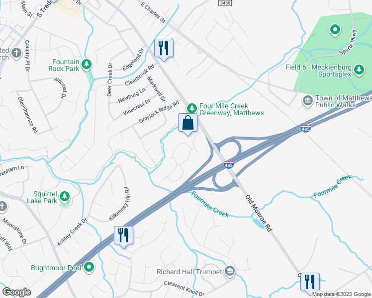 map of restaurants, bars, coffee shops, grocery stores, and more near 7903 Council Place in Matthews