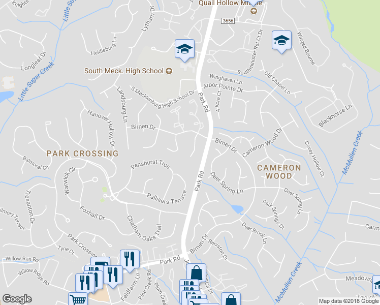 map of restaurants, bars, coffee shops, grocery stores, and more near 9414 South Vicksburg Park Court in Charlotte