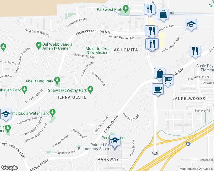 map of restaurants, bars, coffee shops, grocery stores, and more near 1505 Casa Florida Place Northwest in Albuquerque
