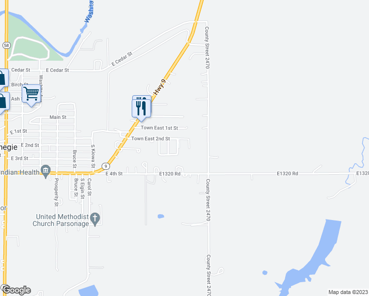 map of restaurants, bars, coffee shops, grocery stores, and more near 309 West Caddo Ridge in Carnegie