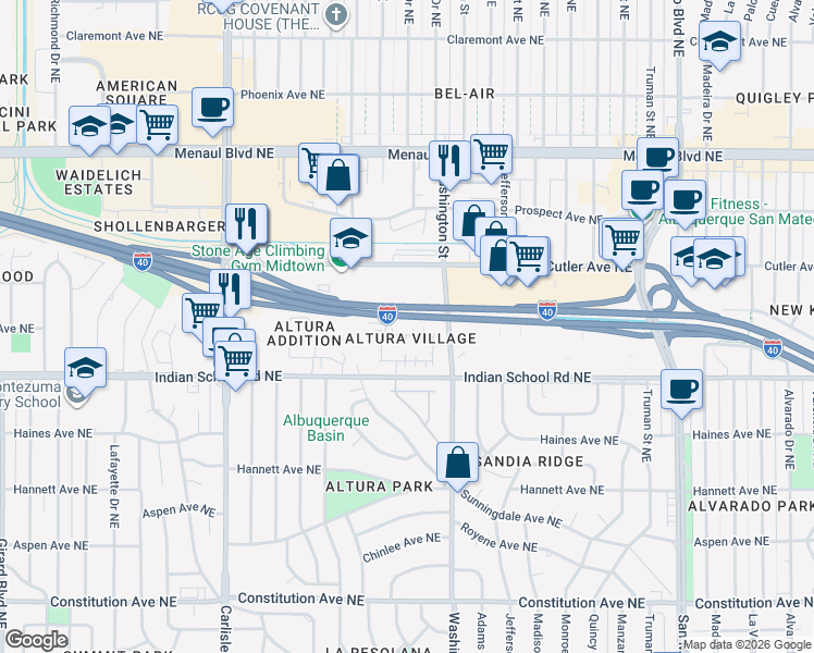map of restaurants, bars, coffee shops, grocery stores, and more near in Albuquerque
