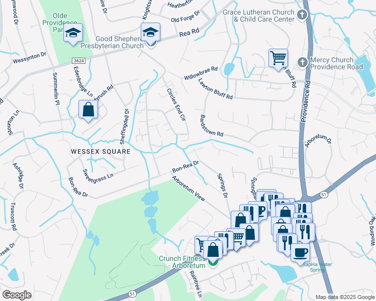 map of restaurants, bars, coffee shops, grocery stores, and more near 3212 Bon-Rea Drive in Charlotte