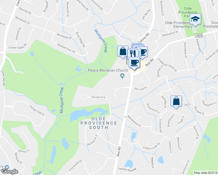 map of restaurants, bars, coffee shops, grocery stores, and more near 4504 Croft Mill Lane in Charlotte